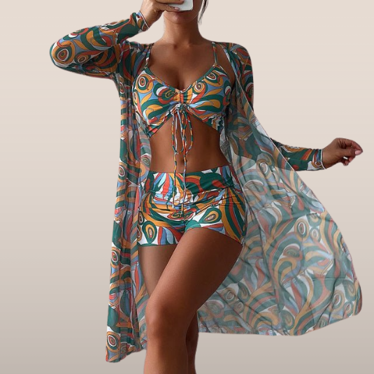 Dames strandset in retrostijl – 3-delig met top, short en doorschijnende kimono