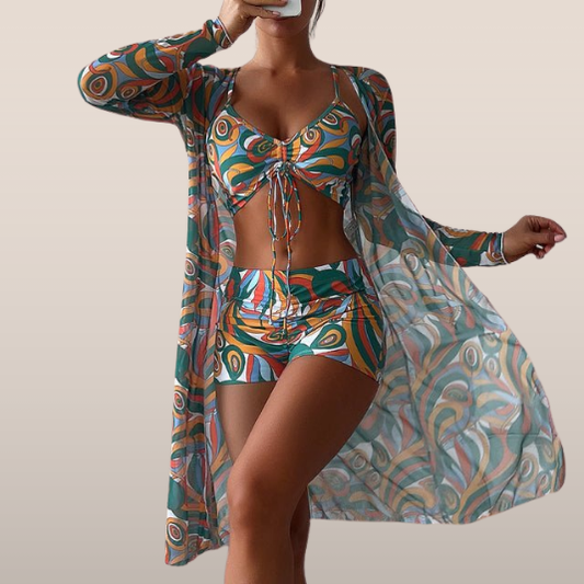 Dames strandset in retrostijl – 3-delig met top, short en doorschijnende kimono