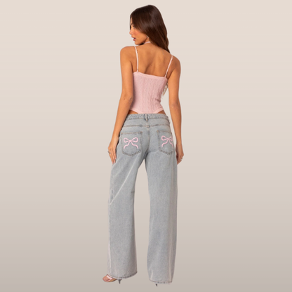 Dames wide-leg jeans – Grijs met geborduurde strikdetails