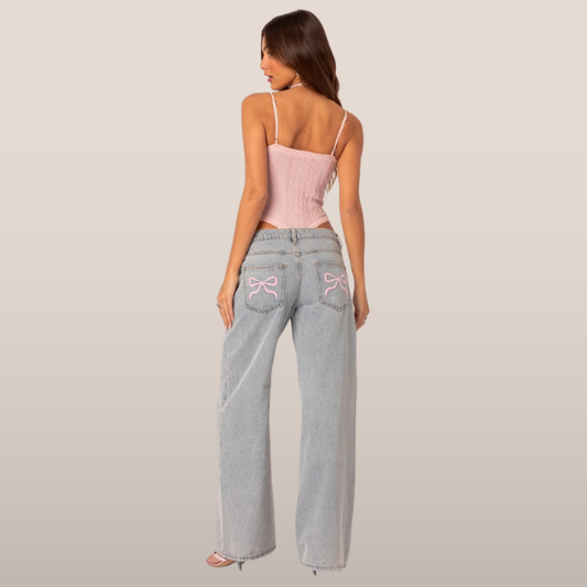 Dames wide-leg jeans – Grijs met geborduurde strikdetails