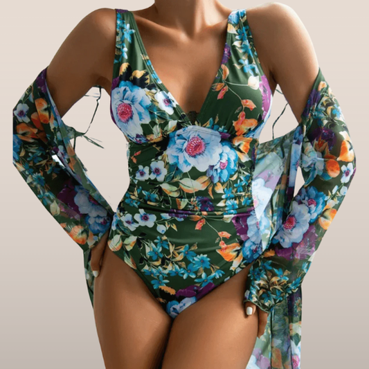 Dames badpak met diepe V-hals – Tropische bloemenprint