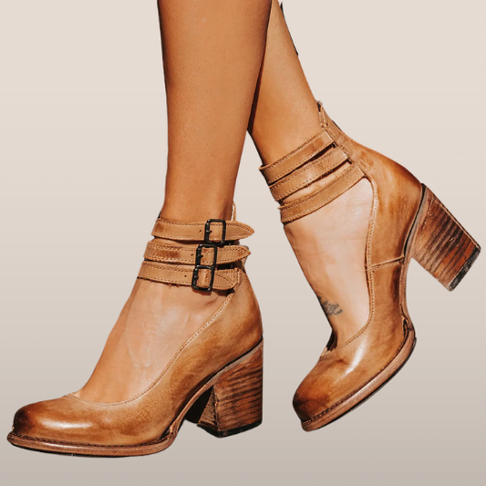 Dames enkellaarsjes met blokhak – Vintage design met gespsluiting
