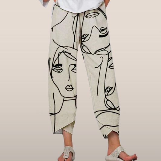 Linnen broek – Artistiek gezichtspatroon en asymmetrische zoom