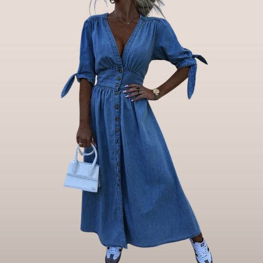 Denim maxi jurk – Doorknoopmodel met strikmouwen