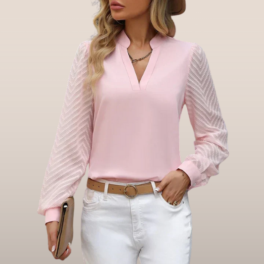 Elegante blouse met V-hals en transparante mouwen – Klassiek en vrouwelijk