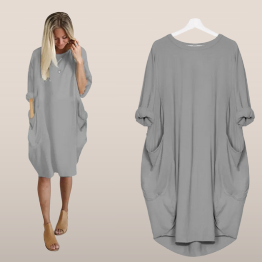 Lange oversized T-shirt jurk met zakken – Casual damesjurk met opgerolde mouwen
