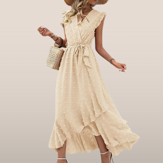 Maxi-jurk met structuurstof en ruches – Elegante zomerjurk met V-hals en strikceintuur