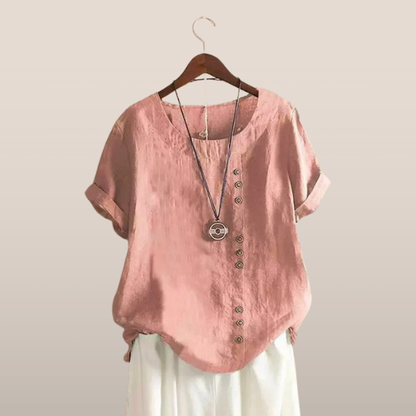 Dames Linnen Blouse - Asymmetrische Knoopsluiting - Korte Mouwen