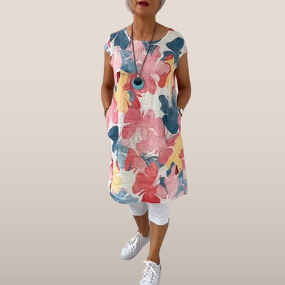 Dames Jurk - Bloemenprint - Linnen Look - Mouwloos - Zomerjurk