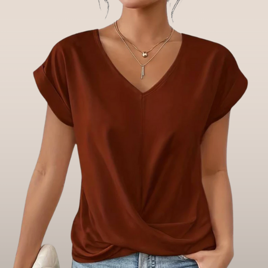Dames T-shirt - V-hals - Losvallend Model - Gekruist Detail - Korte Mouwen