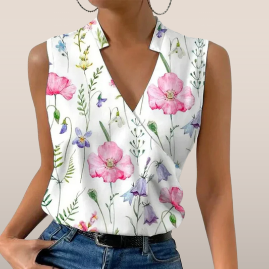 Dames Blouse Mouwloos - Bloemenprint - V-Hals - Zomer Top
