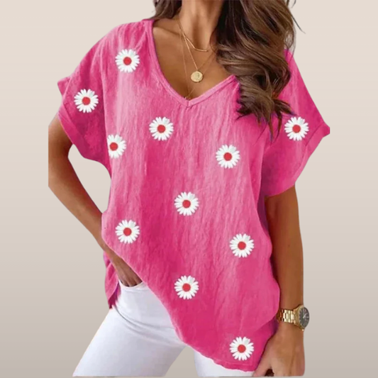 Dames Zomertop - Korte Mouwen - V-Hals - Bloemenprint
