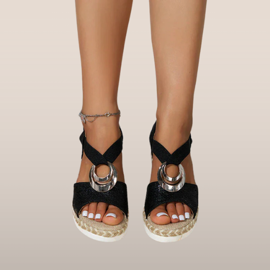 Dames Espadrille Sandalen – Zwarte Sleehakken met Metalen Ringdetail