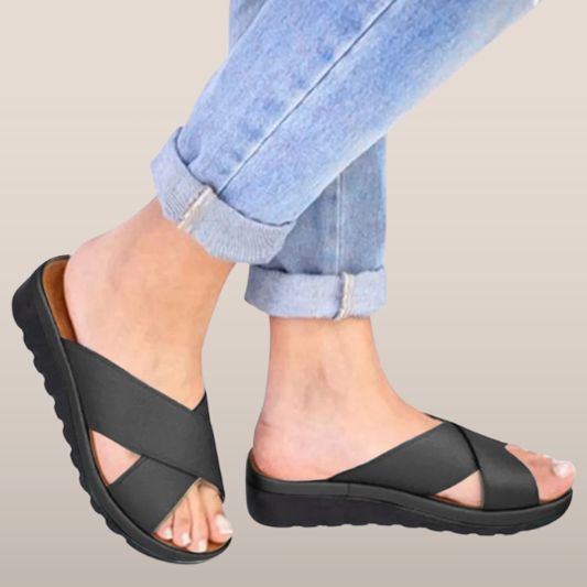 Dames Instapsandalen – Zwarte Kruisband Slippers met Dempende Zool