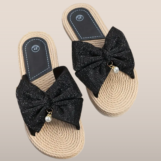Dames Slippers met Strik en Parel – Zomers Instapmodel met Gevlochten Zool