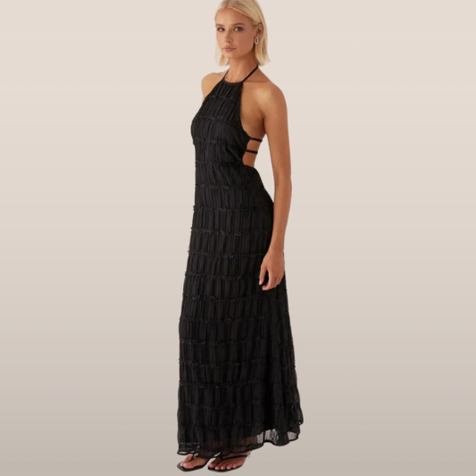 Dames Halter Maxi Jurk – Mouwloze Lange Jurk met Open Rug en Plisséstructuur