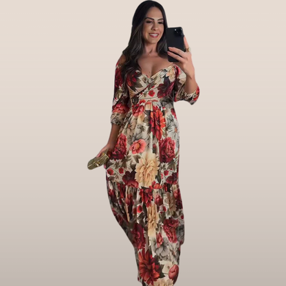 Dames Maxi Jurk met Bloemenprint – Elegante overslagjurk met diepe V-hals en striklint