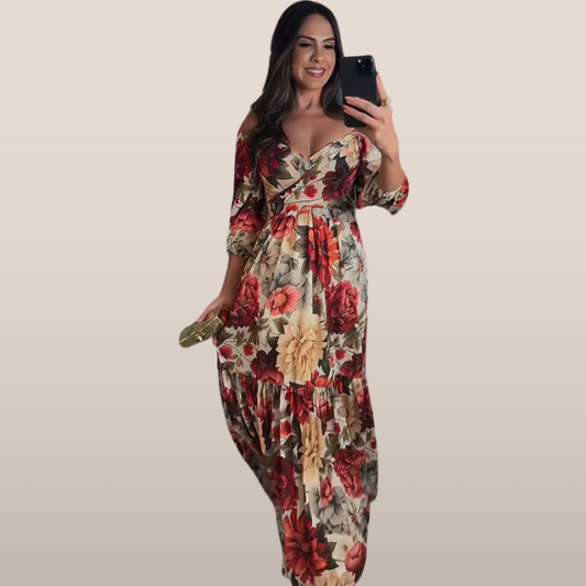 Dames Maxi Jurk met Bloemenprint – Elegante overslagjurk met diepe V-hals en striklint