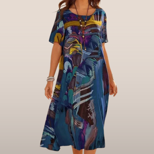 Dames Zomerse Midi Jurk – Losvallend model met abstracte print en korte mouwen
