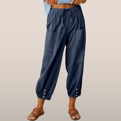 Dames Losse Broek – Luchtige Katoenmix met Elastische Taille en Knoopdetails