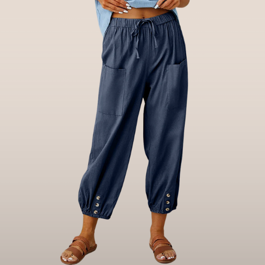 Dames Losse Broek – Luchtige Katoenmix met Elastische Taille en Knoopdetails