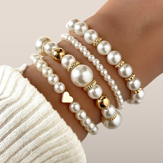 Dames Armbanden Set – Imitatieparels met Gouden Accenten (5-delig)