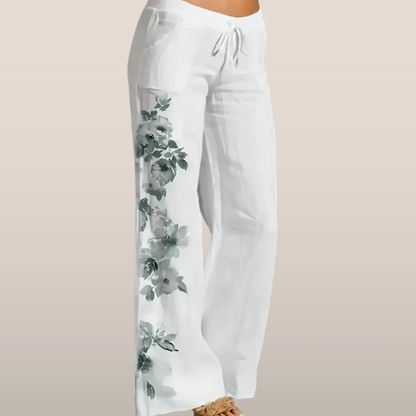 Dames Broek – Witte Linnen Loungebroek met Bloemenprint