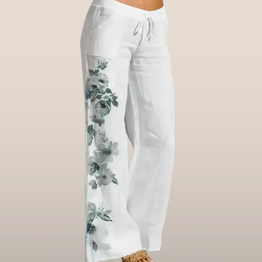 Dames Broek – Witte Linnen Loungebroek met Bloemenprint