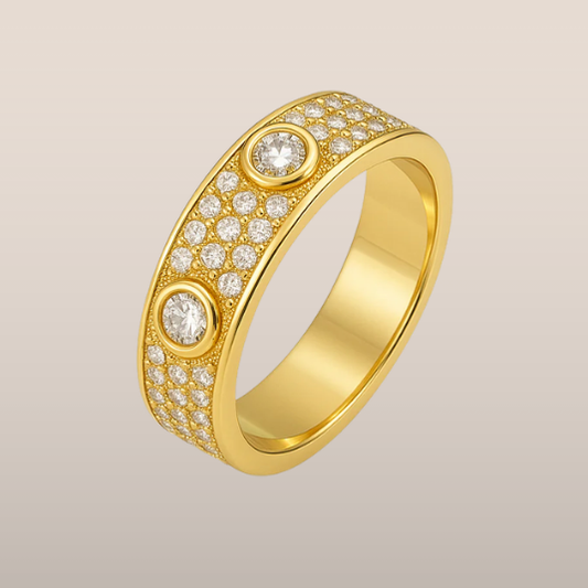 Dames ring – Brede band met pavézetting en ronde stenen