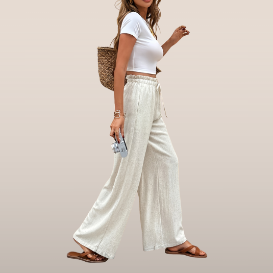 Dames broek – Rechte broek met elastische taille in linnenmix