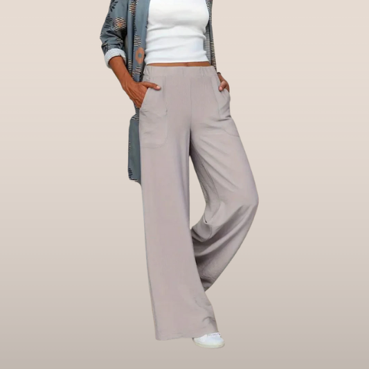 Dames broek – Wijde broek met elastische taille en opgestikte zakken
