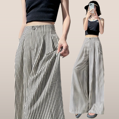 Dames broek – Gestreepte wide leg broek met hoge taille en elastische band