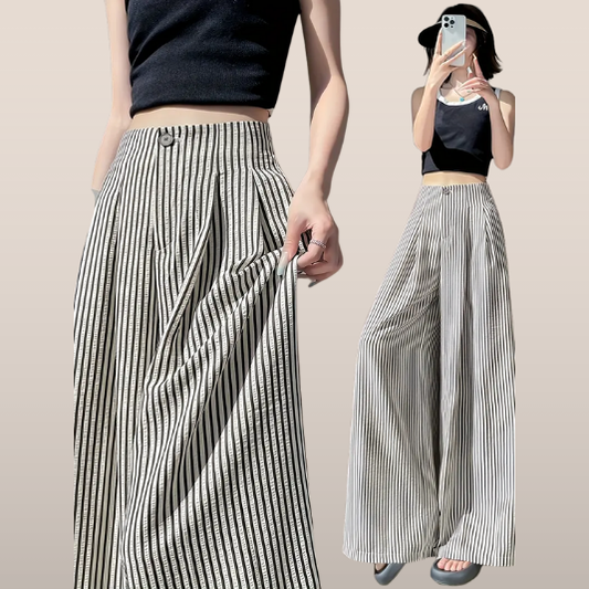 Dames broek – Gestreepte wide leg broek met hoge taille en elastische band