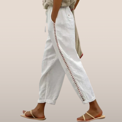 Elena – Linnen Broek met Borduursel en Elastische Taille