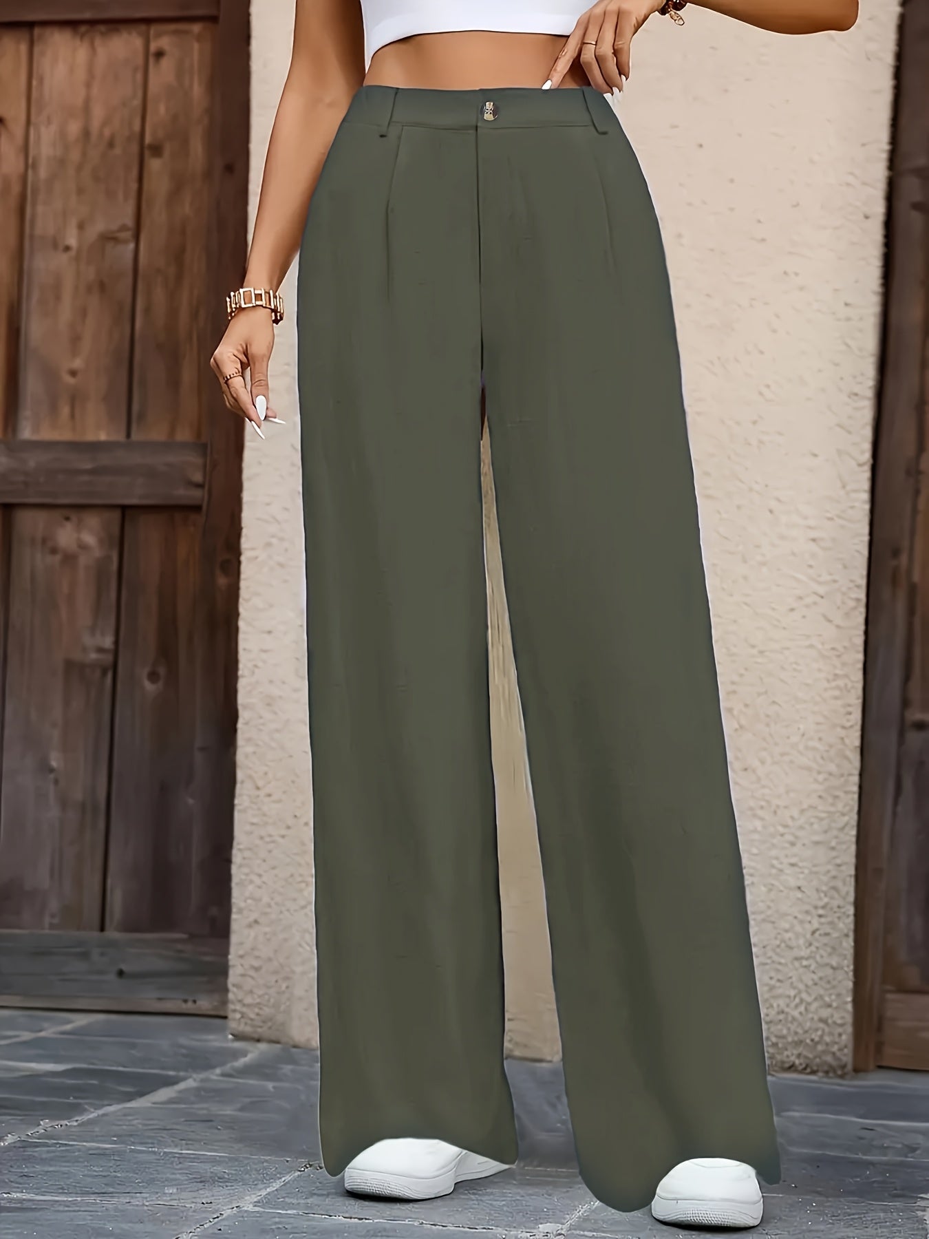 Dames broek – Wijde pantalon met hoge taille en knoopsluiting
