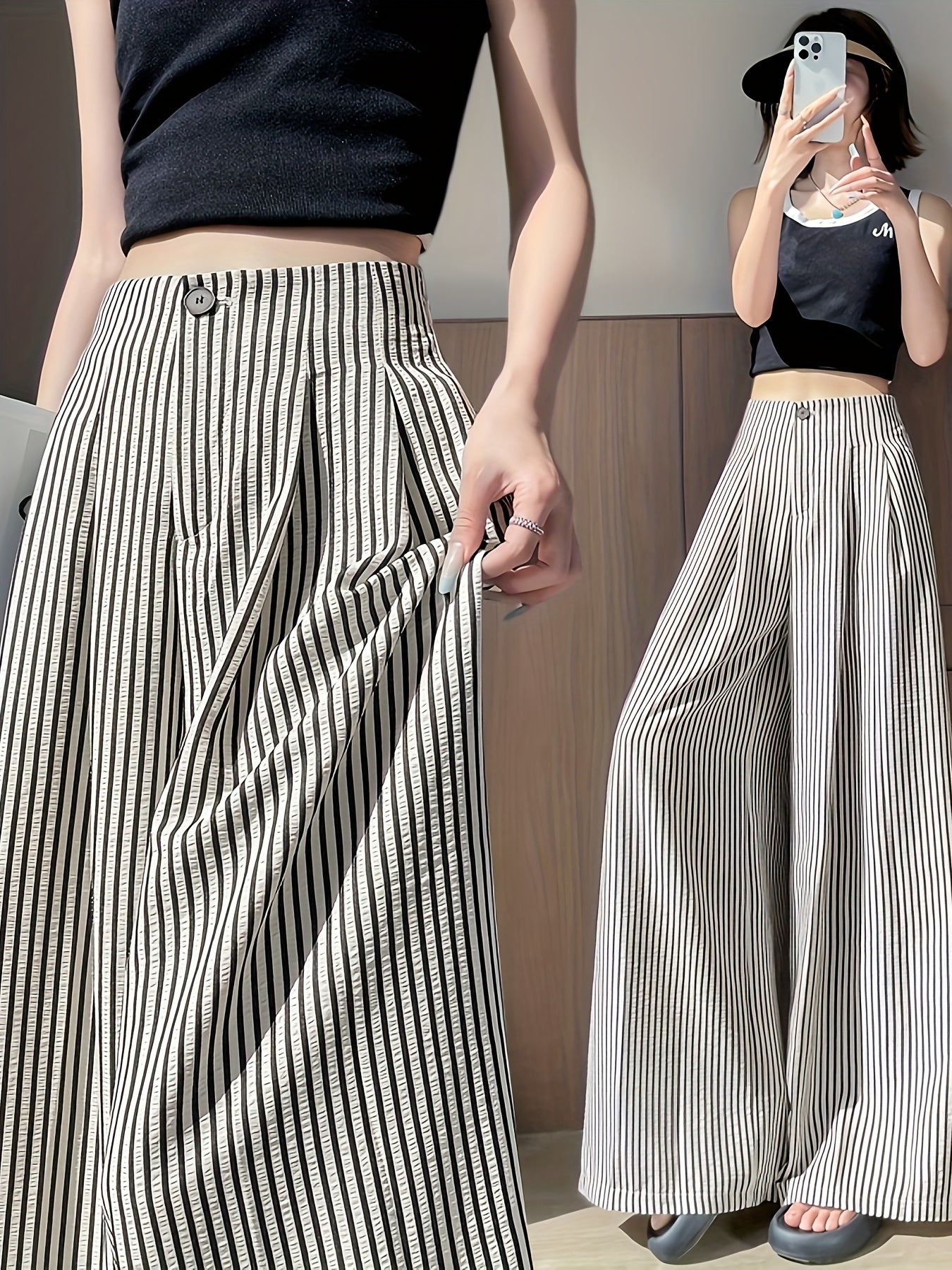Dames broek – Gestreepte wide leg broek met hoge taille en elastische band