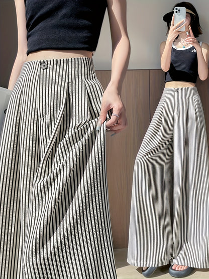 Dames broek – Gestreepte wide leg broek met hoge taille en elastische band