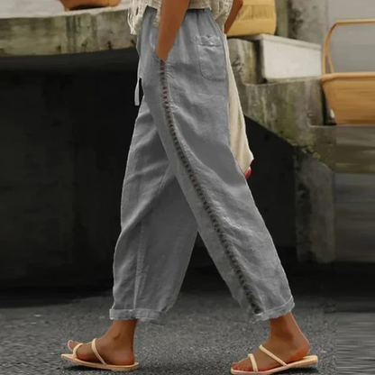 Elena – Linnen Broek met Borduursel en Elastische Taille
