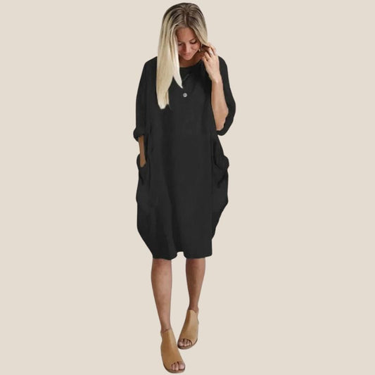 Lange oversized T-shirt jurk met zakken – Casual damesjurk met opgerolde mouwen