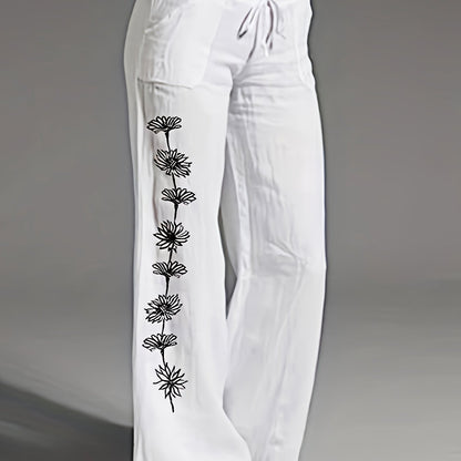 Dames Broek – Witte Linnen Loungebroek met Bloemenprint