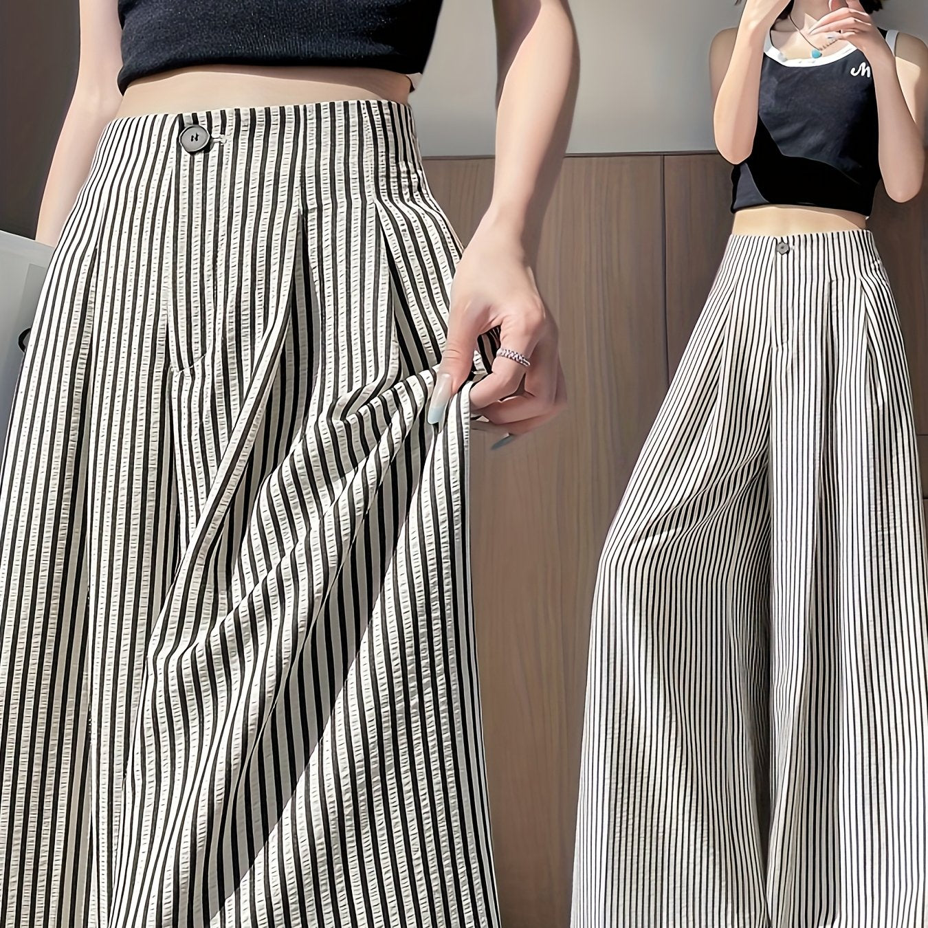 Dames broek – Gestreepte wide leg broek met hoge taille en elastische band