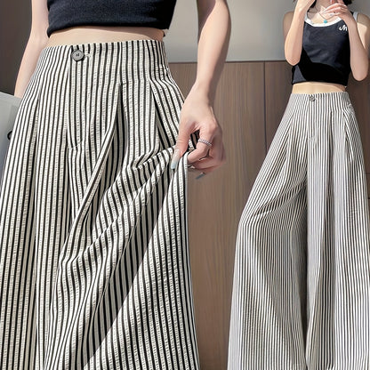 Dames broek – Gestreepte wide leg broek met hoge taille en elastische band