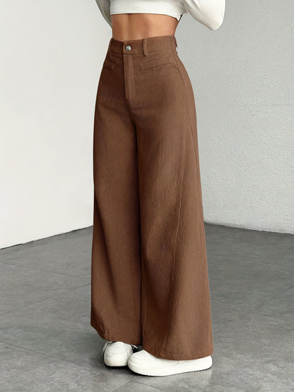Dames broek – Geribbelde wide leg broek met hoge taille