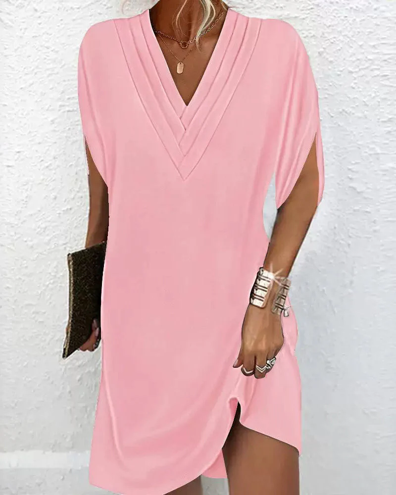 Dames Zomerjurk met V-Hals en Korte Mouwen – Losvallende Casual Mini Jurk