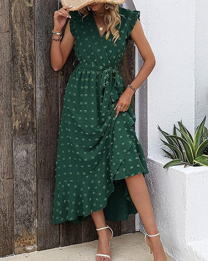 Maxi-jurk met structuurstof en ruches – Elegante zomerjurk met V-hals en strikceintuur