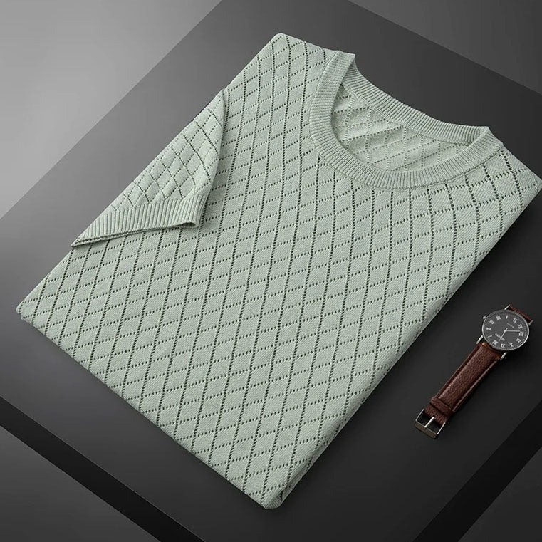 Vic – Fijngebreide T-Shirt met Diamantpatroon