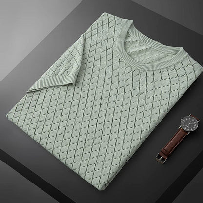 Vic – Fijngebreide T-Shirt met Diamantpatroon
