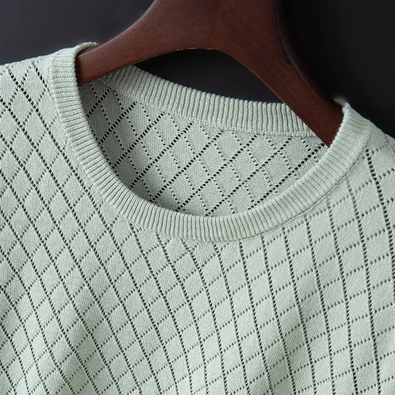 Vic – Fijngebreide T-Shirt met Diamantpatroon