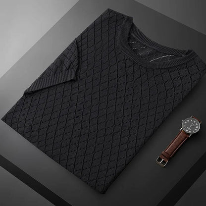 Vic – Fijngebreide T-Shirt met Diamantpatroon