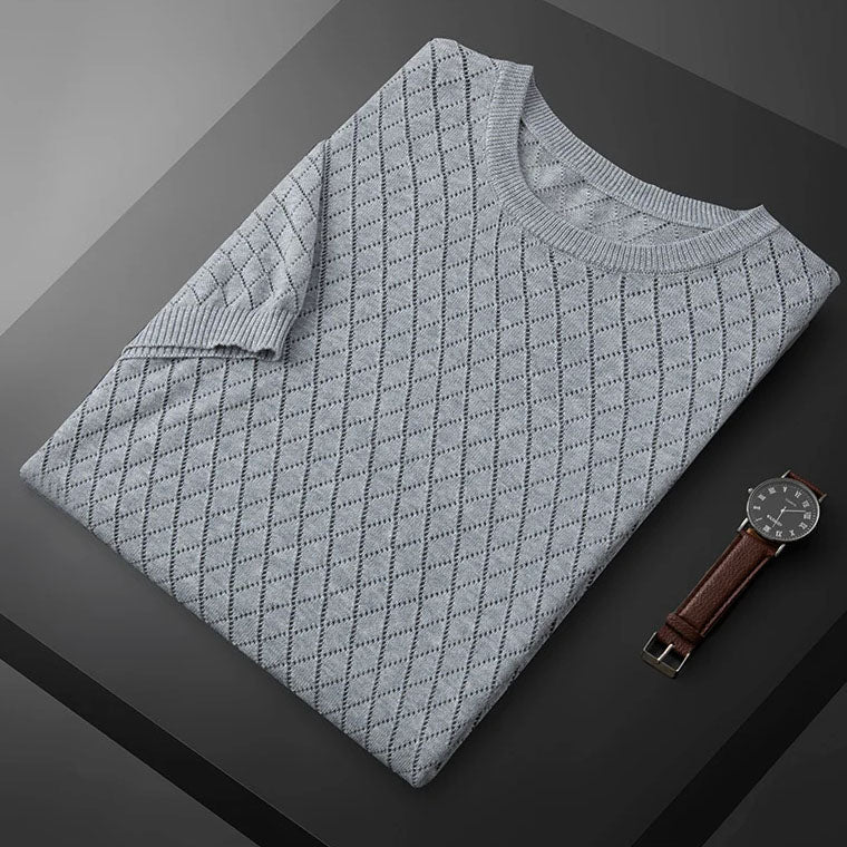Vic – Fijngebreide T-Shirt met Diamantpatroon